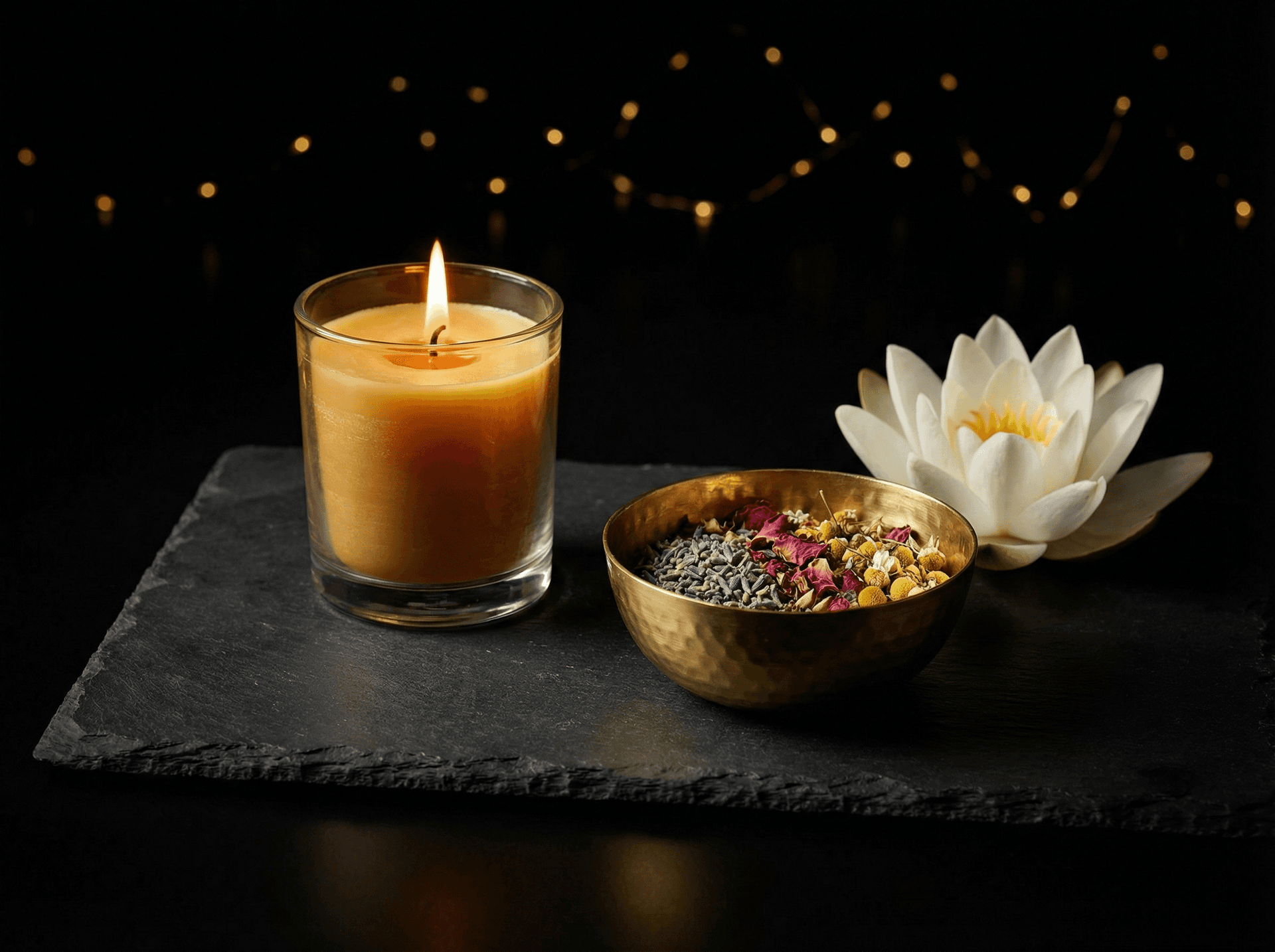 Zenfinity Circle loyalty ritual — candle, botanicals, lotus