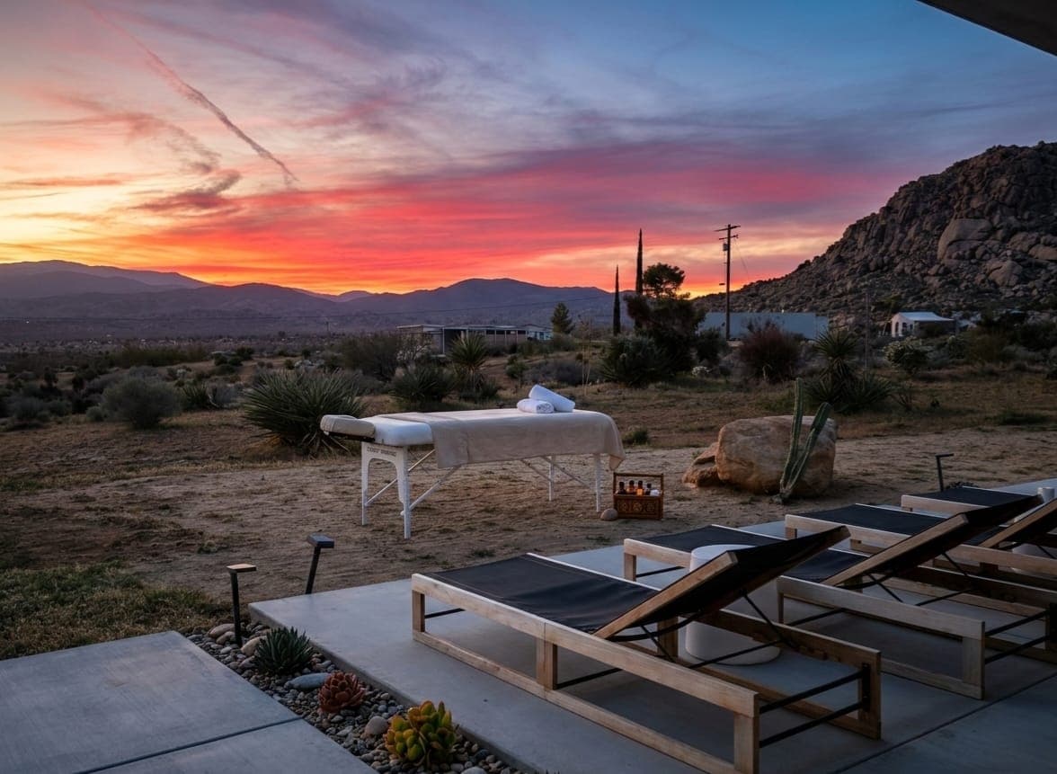 Zenfinity Bodywork massage table set up under an open desert sky at sunset